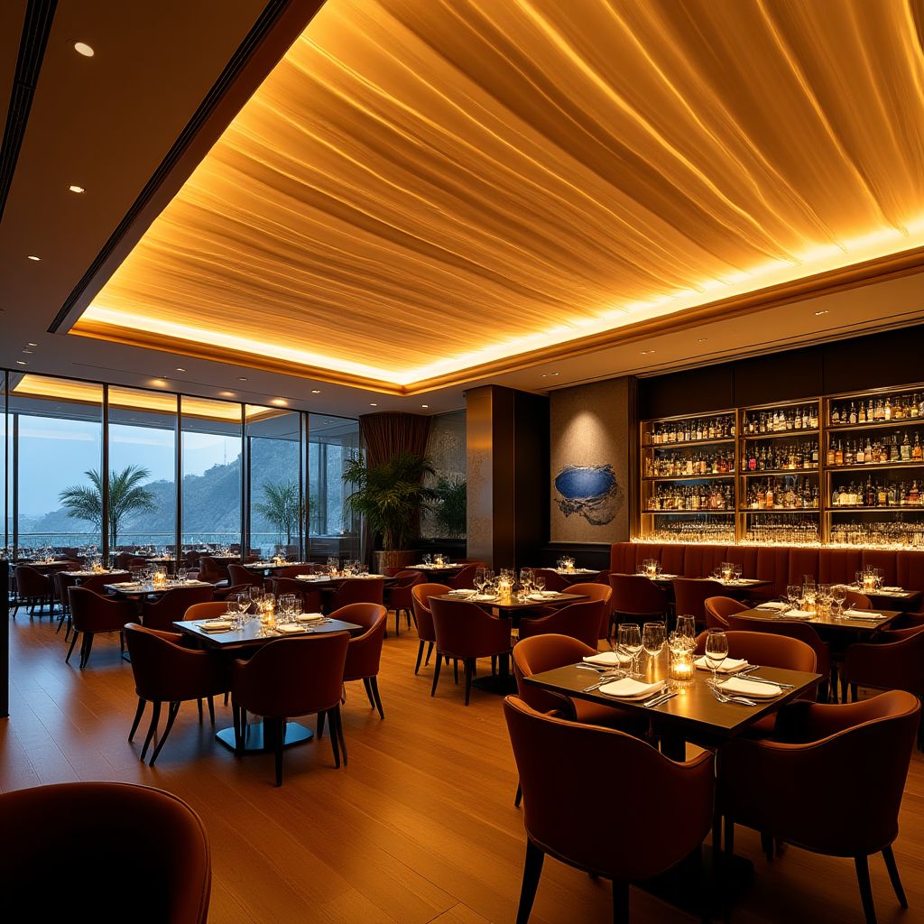 Designový napínaný strop v luxusní restauraci